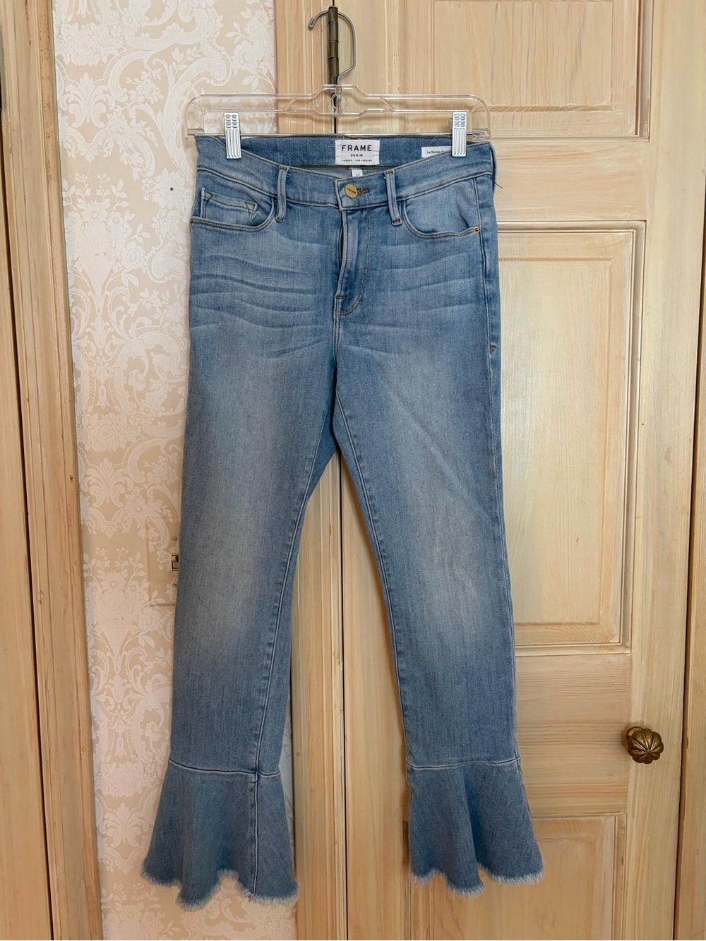 Frame Denim Light Blue Cropped Flare Jeans with Ruffle Hem